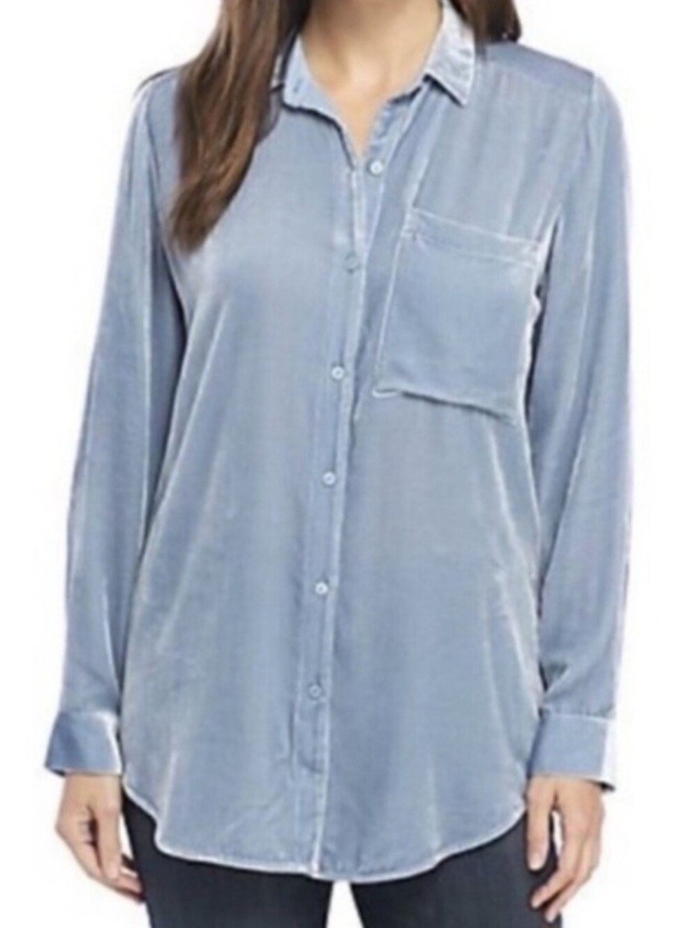 Eileen Fisher Blue Velvet Silk Blend Button Down Size Medium